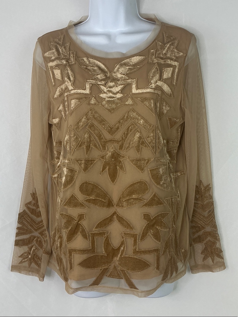 Chico's Sheer Embroidered Top - Tan Women's Size 1 (M/8) NWT